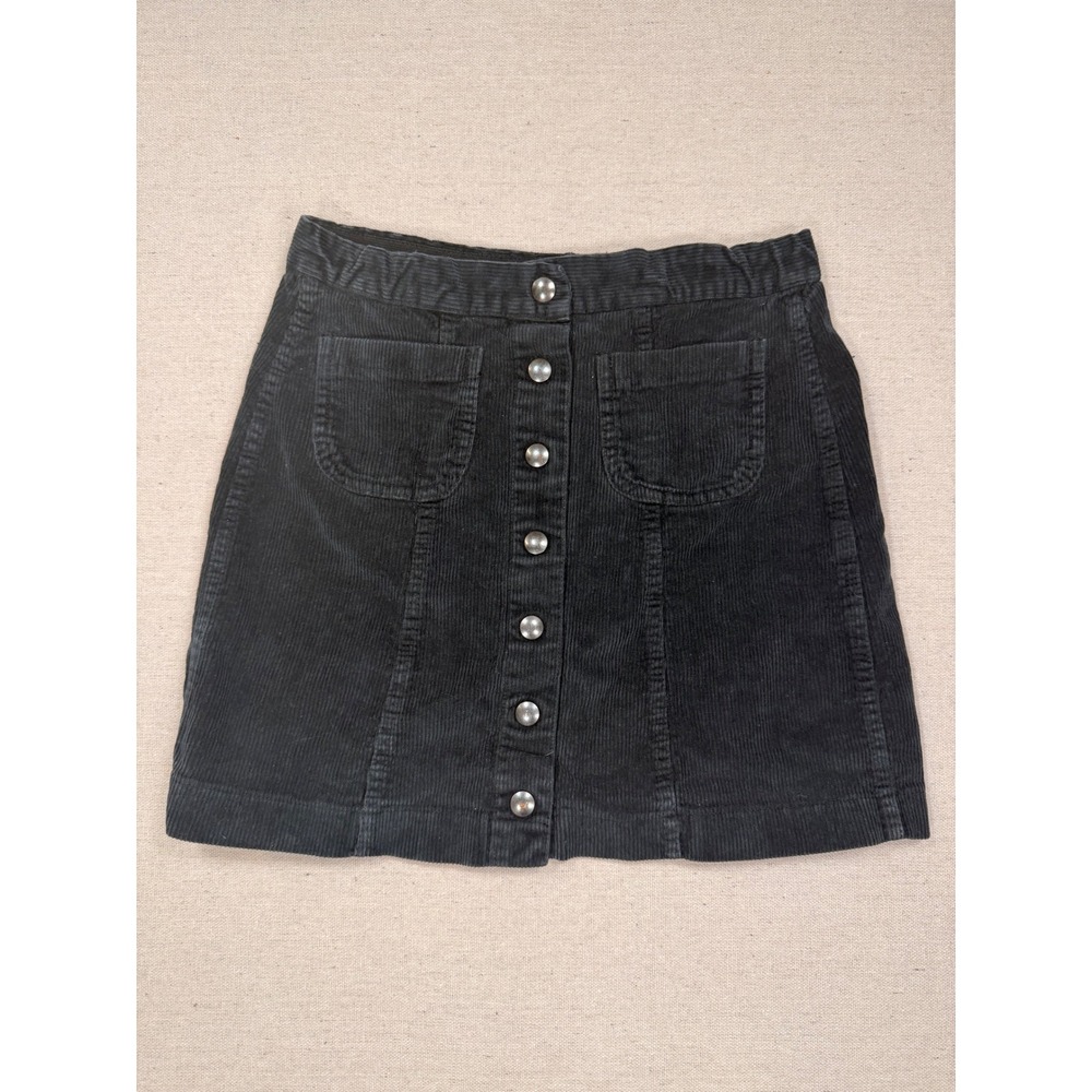 Brandy Melville Black Corduroy Button Front Mini Skirt Small Pockets A-Line